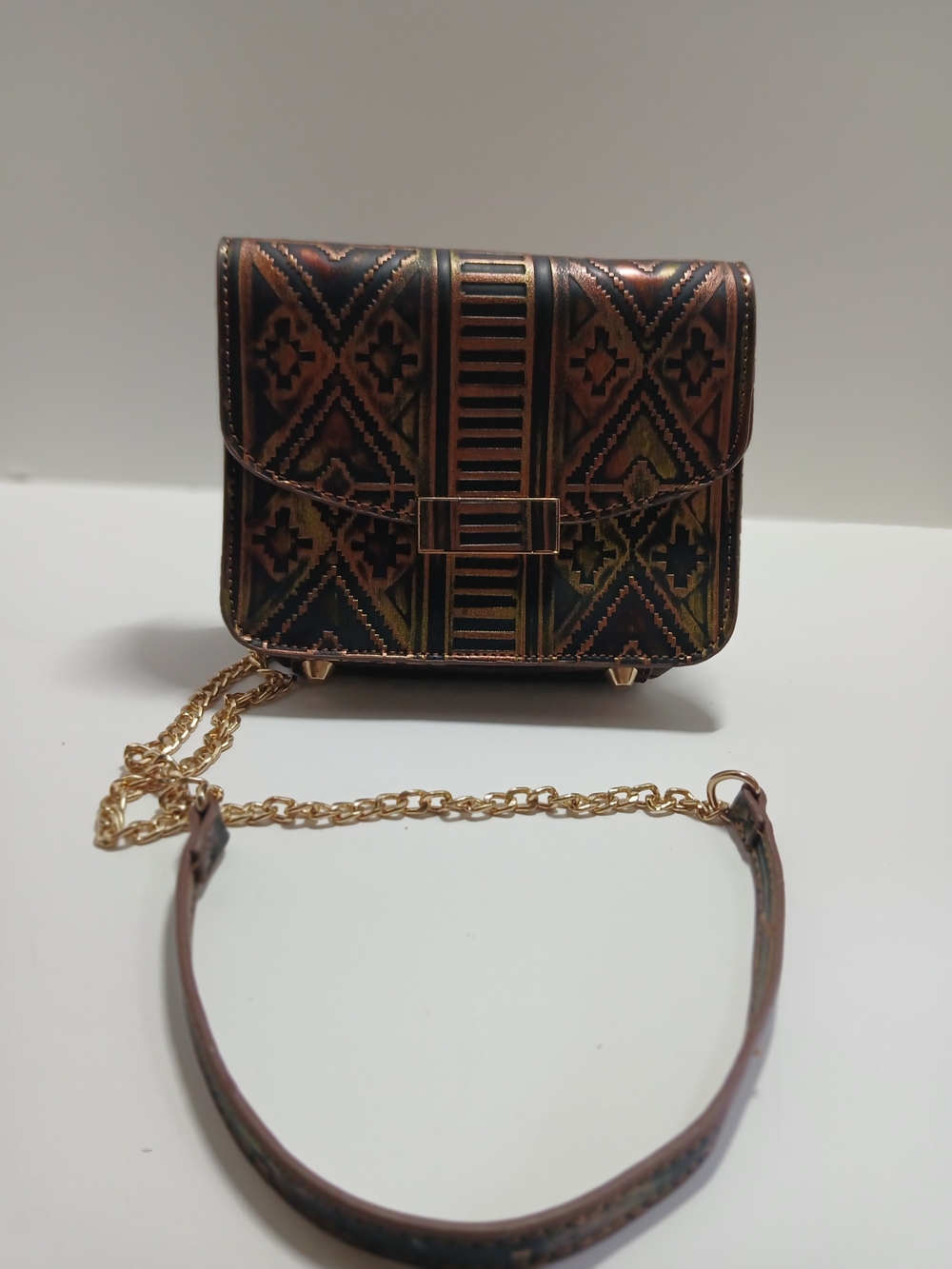 MMS Design Studio Brown and Gold Patterned Chain Crossbody Bag